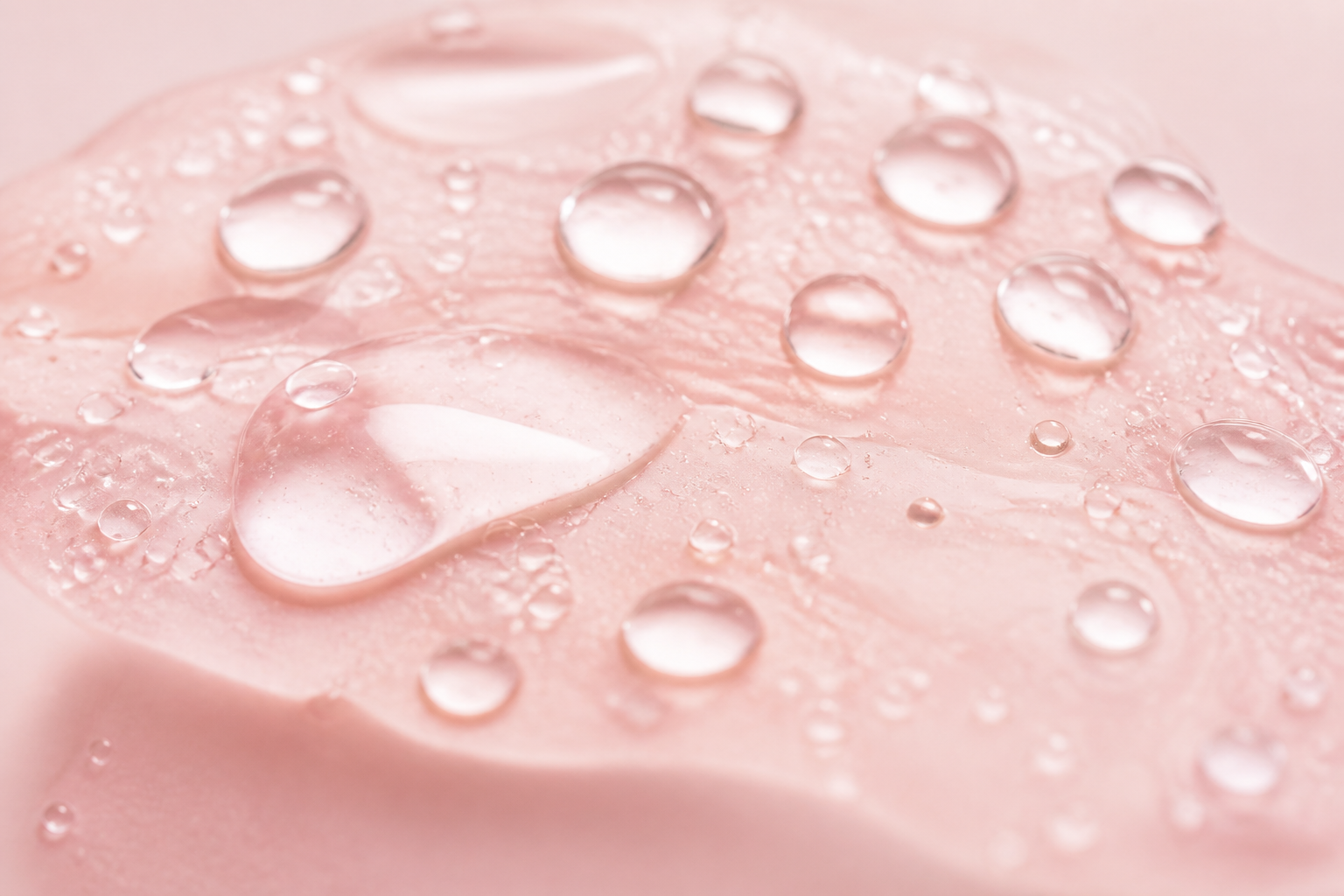 Water droplets on pale pink hydrating serum texture